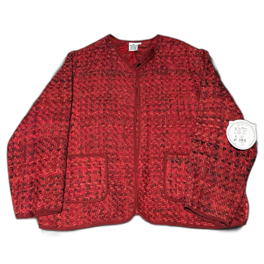 Parsley & Sage Jacket 2X 100% Silk Red Black Textured Open Front Boho Lagenlook